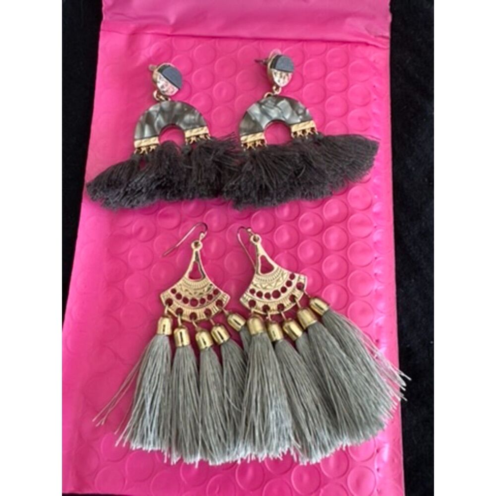 Gray Tassel Statement Earrings Lot 2 Pairs Boho Gold Tone Fringe